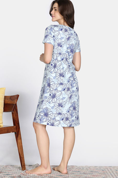 Zivame Nature Trails Knit Cotton Knee Length Nightdress - Delicate Blue — image 4